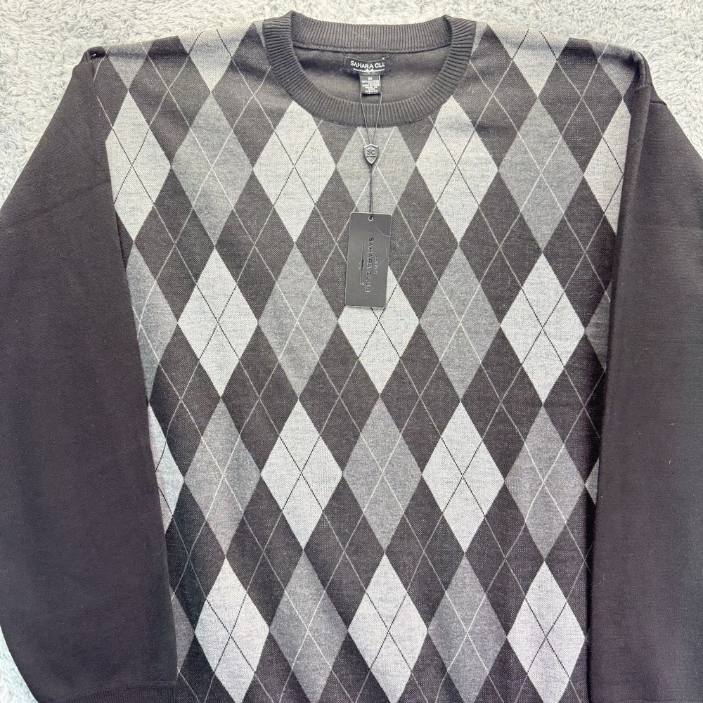 NWT VTG Sahara Club Acrylic Diamond Plaid HipHop Knit Sweater Black Men 3X - Picture 2 of 16
